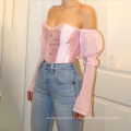 Off Shoulder Tops Strapless Bow Bustier Shirt Women Elegant Fashion Long Sleeve Corsets Blouse Club Corset Top Women Sexy